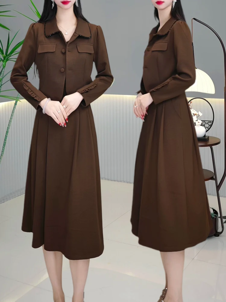 【现货福利】A138咖色优雅气质时尚减龄显瘦秋冬连衣裙套装两件套