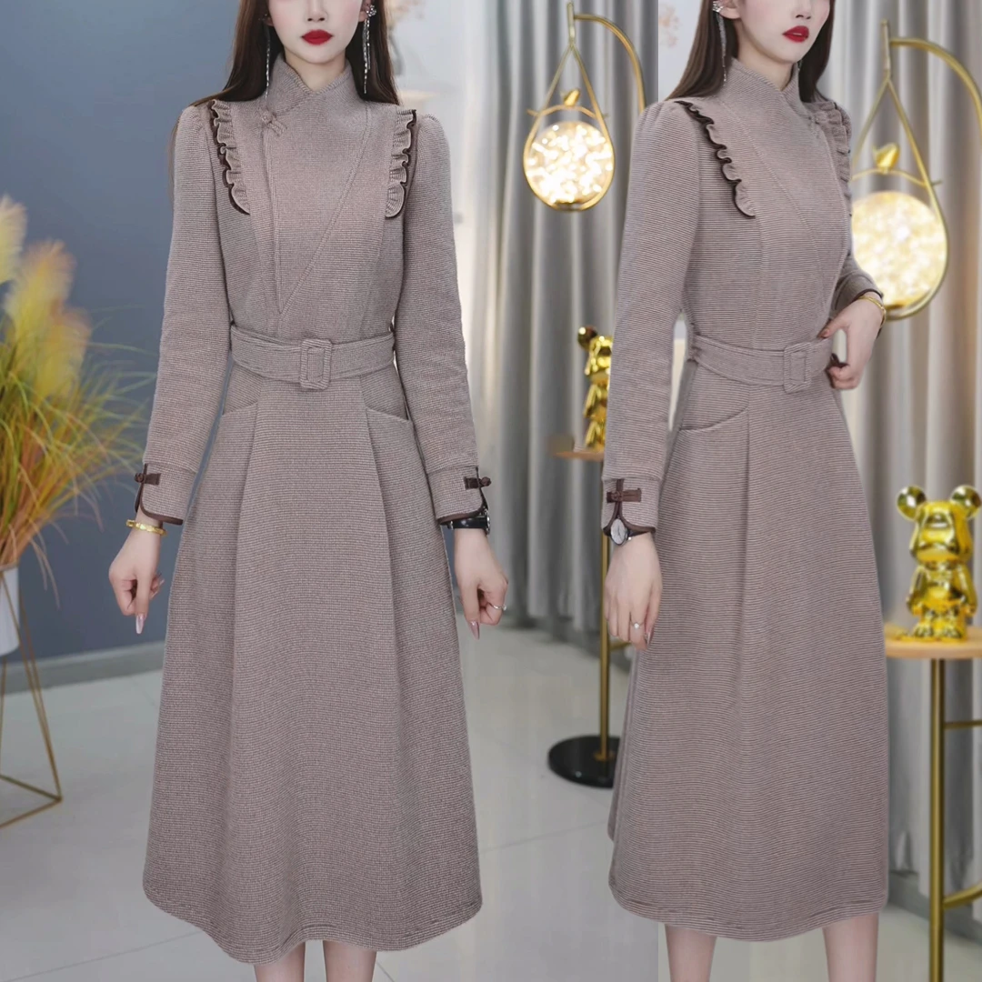 【恩朵定制】A396奶茶色冬季优雅气质时尚减龄收腰显瘦连衣裙