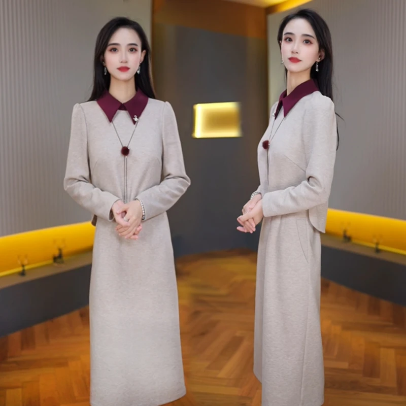 【红花映雪】A638白色燕麦色假两件优雅气质时尚减龄显瘦秋冬设计感