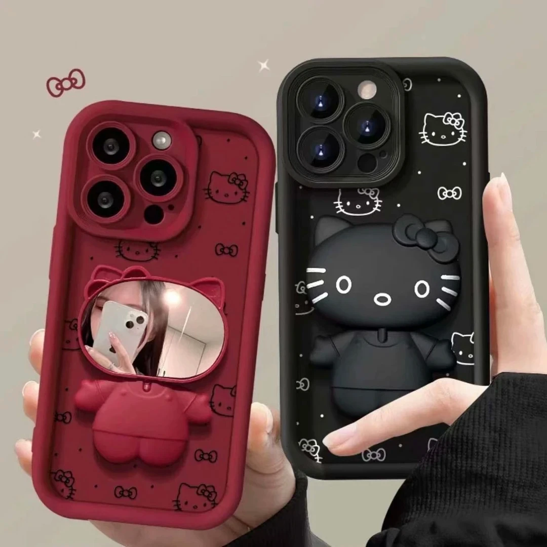 ins可爱凯蒂猫镜子支架iphone15/13苹果14手机壳华为vivo小米oppo