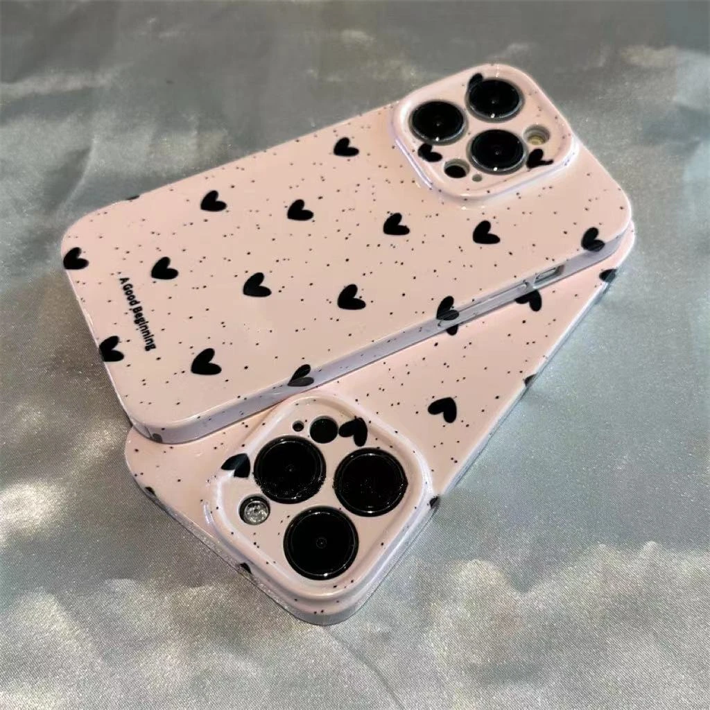 日韩风粉色泼墨满屏爱心适用苹果15PRO华为VIVO/OPPO菲林手机硬壳