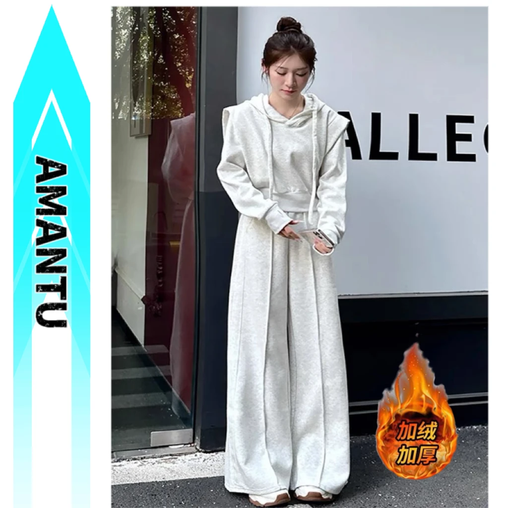 /加绒加厚秋冬新款时尚气质连帽女白灰色显瘦阔腿裤高定两件套