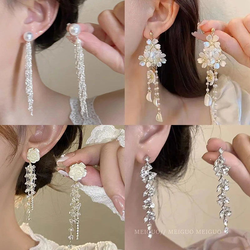 合金耳饰 方圆脸珠珠长款流苏耳环女法式优雅轻奢小众气质名媛耳