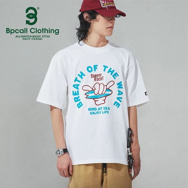 传呼社群bpc特别线  冲浪手势印花款廓形落肩棉多巴胺穿搭美式T恤