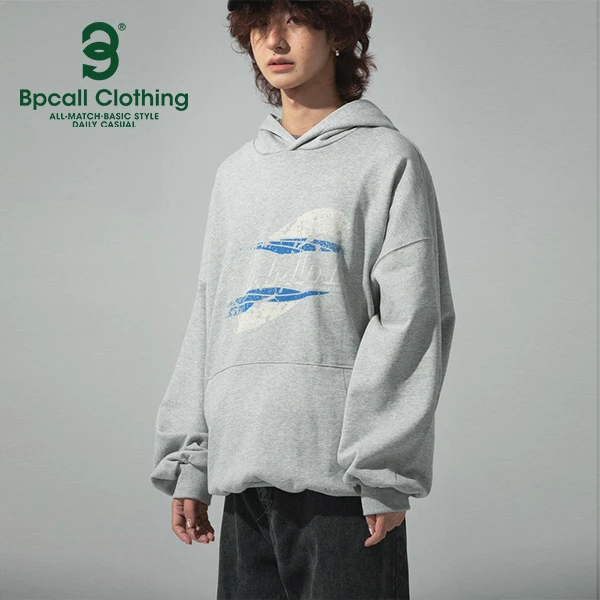 传呼社群bpc特别线 破坏印花廓形宽松棉重磅套头帽衫连帽卫衣
