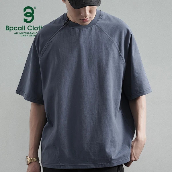 复古骑士侧拉链短袖T恤男纯色纯棉宽松圆领高街插肩半袖男女同款