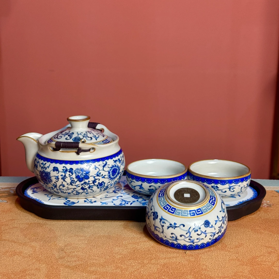 新品AA067青花手抓壶杯一壶三杯带茶盘ZF