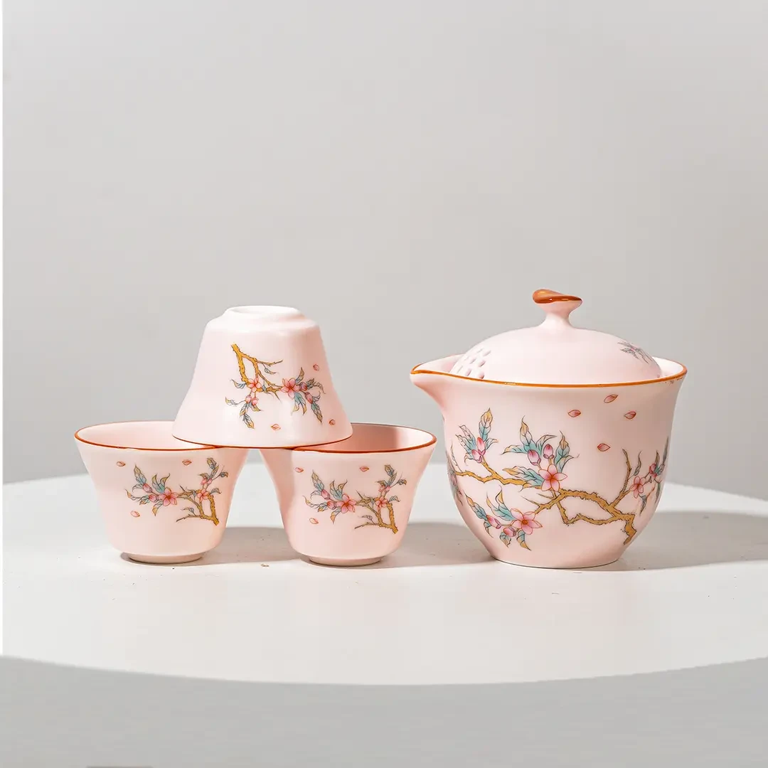 AA250粉桃花快客一壶三杯简约主人杯陶瓷防烫旅行