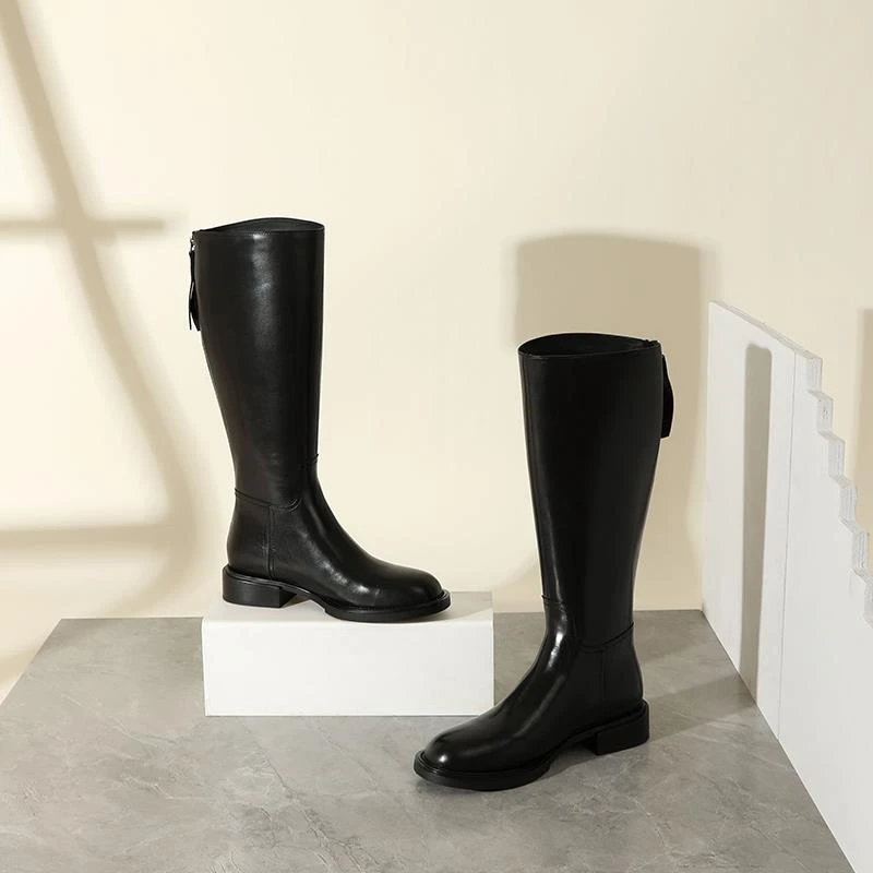 TUSCANS牛皮女鞋圆头舒适透气马靴黑色百搭冬季高筒瘦瘦靴英伦风