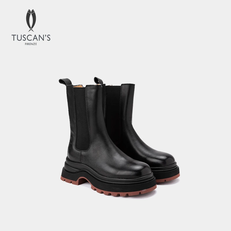 TUSCAN'S秋冬女士通勤百搭切尔西厚底中筒女款靴子TS时代双鱼时尚