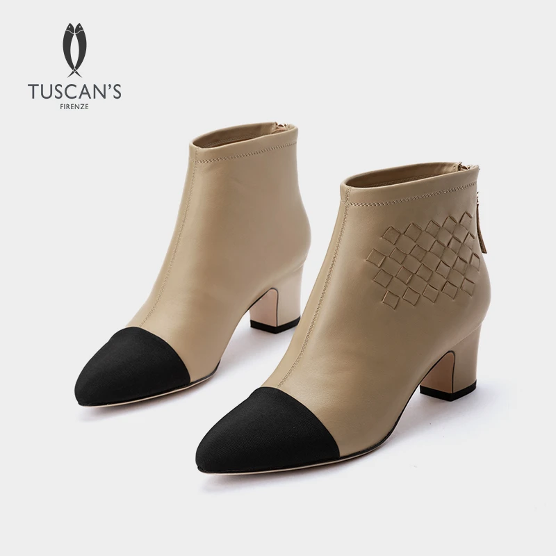 TUSCAN'S羊皮女士短靴拼色粗跟真皮中跟裸靴单靴女靴
