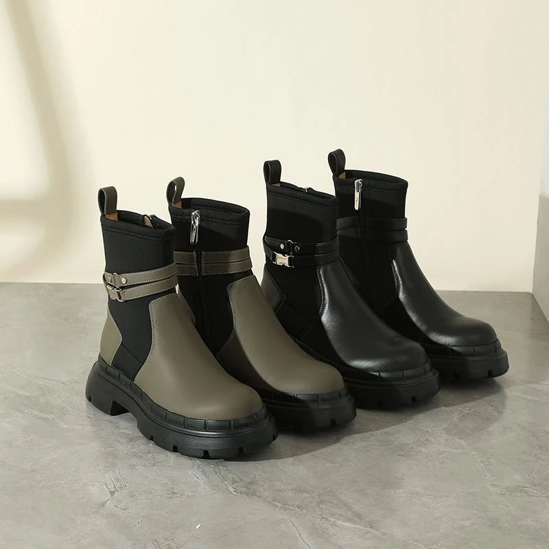 TUSCANS漆皮女鞋网红时尚潮流直筒短靴弹力靴英伦风秋冬百搭瘦靴