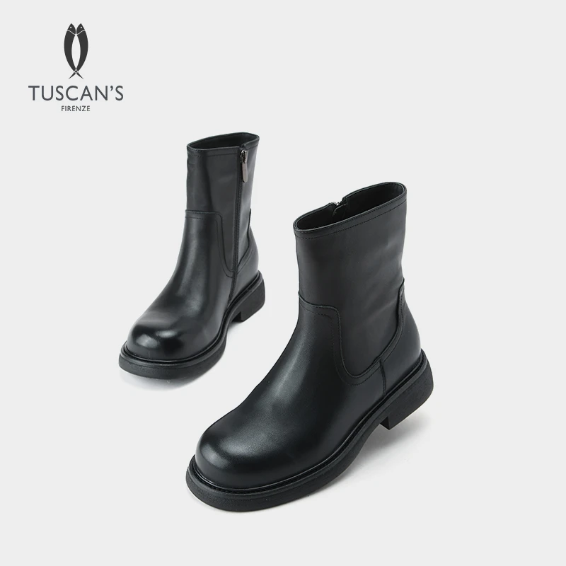 TUSCAN'S秋冬女士通勤百搭靴子英伦风真皮牛皮切尔西TS时代双鱼