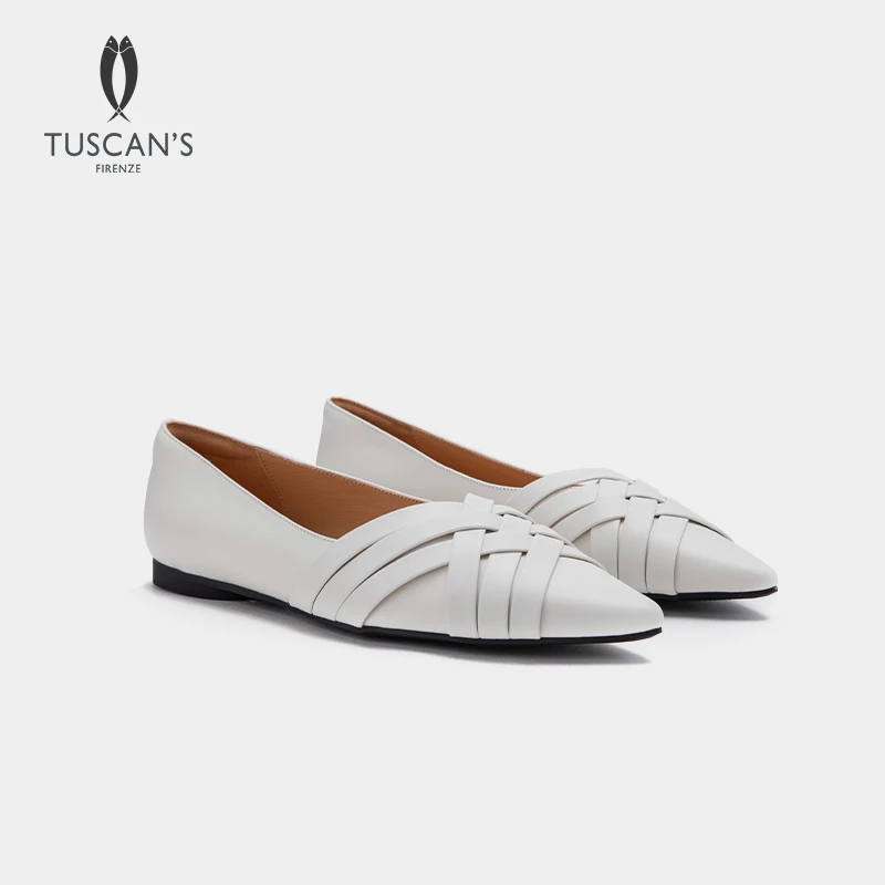 TUSCAN'S新款百搭尖头真皮编织气质设计款纯色女士平底高跟单鞋