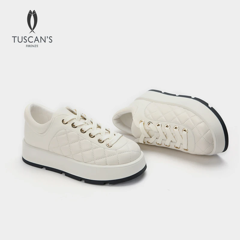 TUSCAN'S小香风菱格纹厚底休闲小白鞋真皮低帮女士板鞋时代双鱼