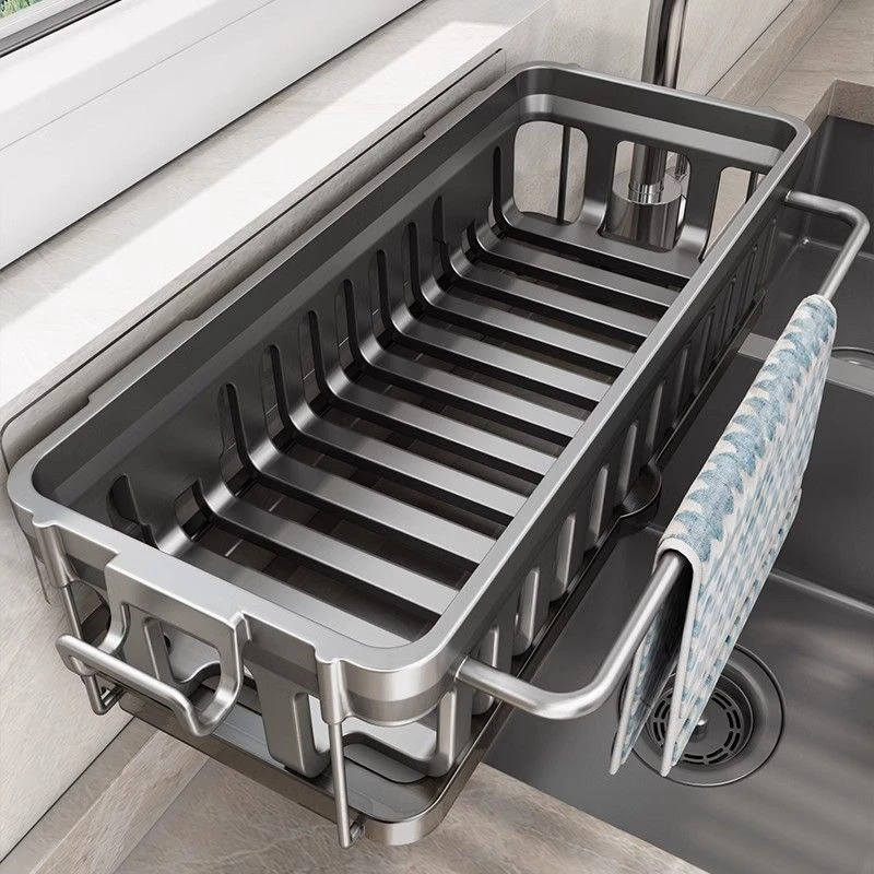 太空铝免打孔抹布置物架厨房洗碗槽收纳神器水槽抹布架沥水挂篮