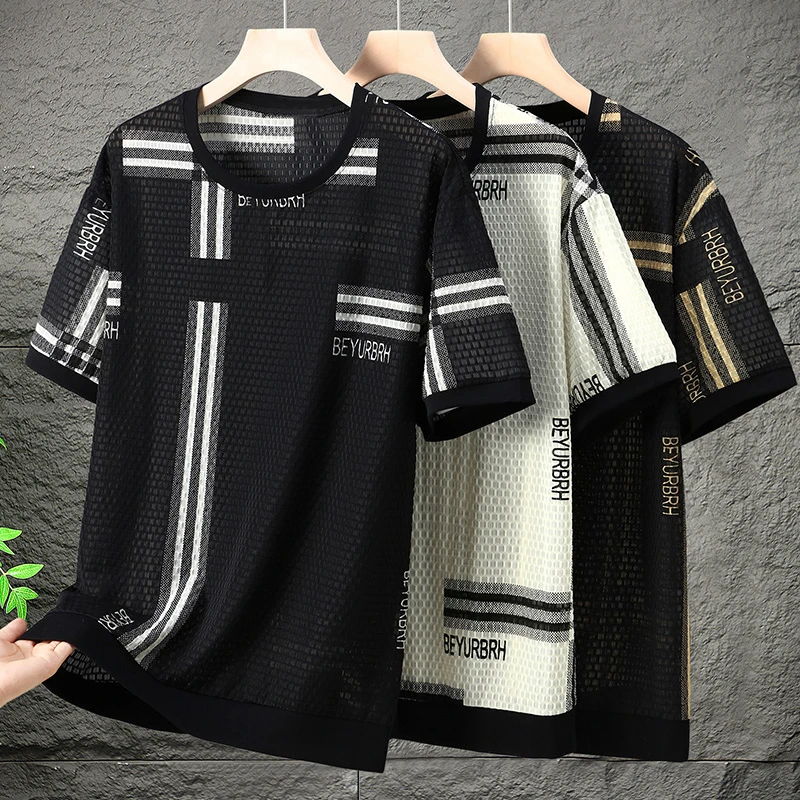 男士加肥特大码男装镂空国风透气短袖t恤潮流时尚胖子半袖体恤300