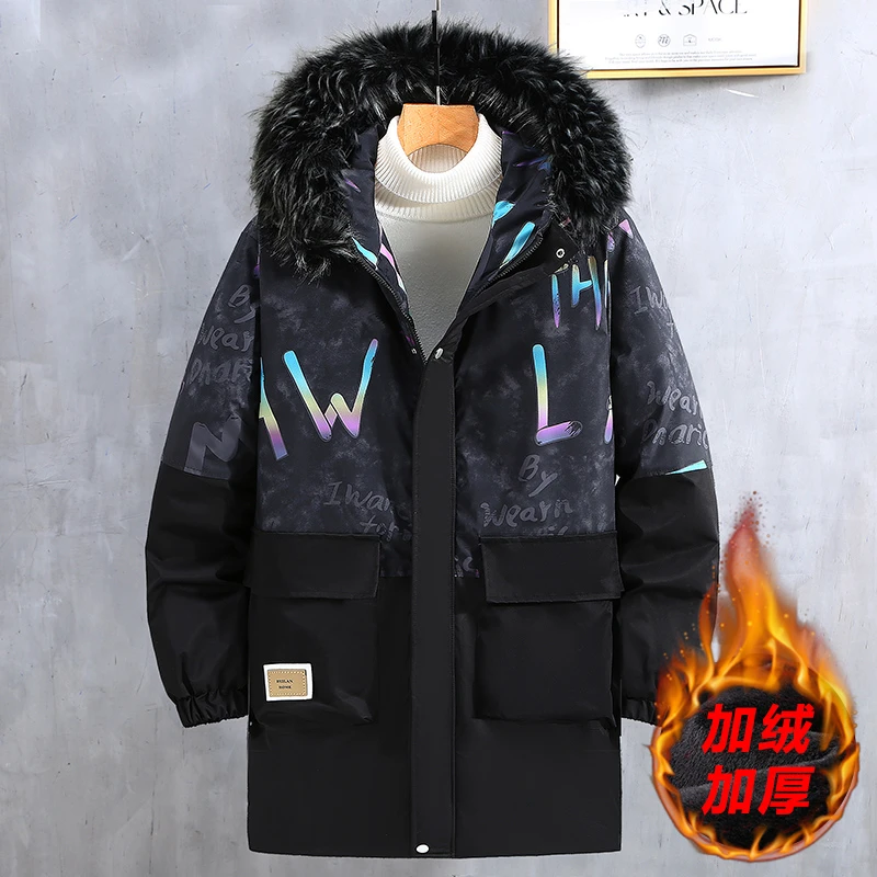 加肥加大码中长款棉衣男棉袄棉服胖子加绒派克服外套学生15-18岁