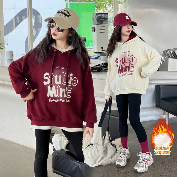 （清完不补）女童秋冬新款加绒宽松连帽卫衣