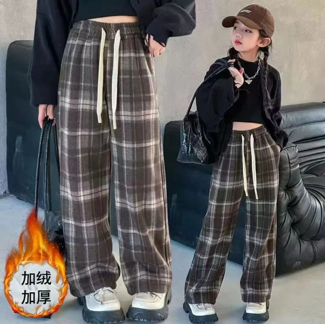 【特厚羔羔绒】女童新款2024加绒中大童时尚宽松百搭潮流格子卫裤