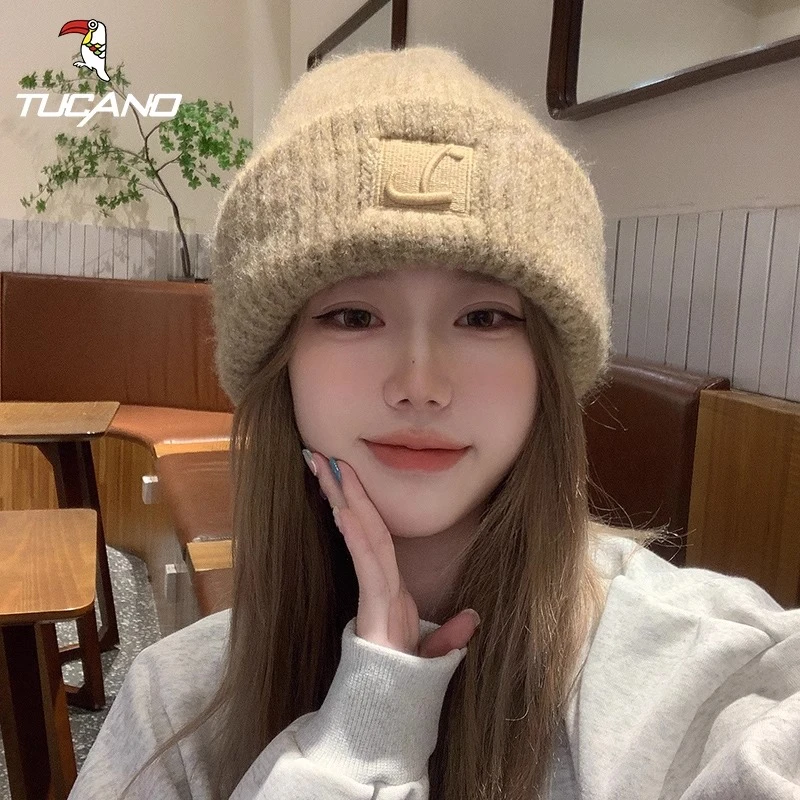大头围帽子女士冬季保暖加绒显脸小堆堆冷帽潮百搭针织护耳毛线帽