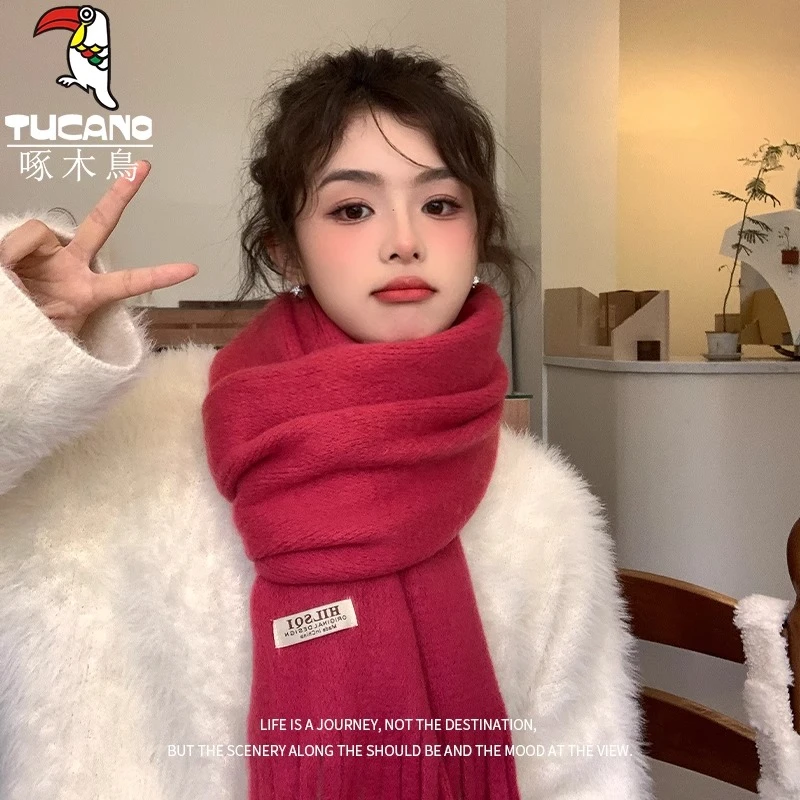 啄木鸟围巾女2023新款秋冬季韩版百搭日系玫红保暖披肩高级感围脖