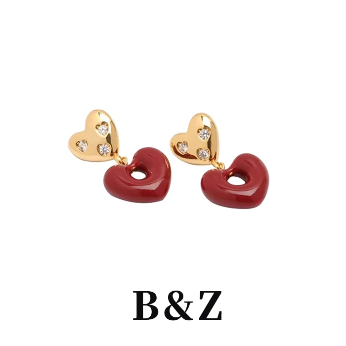 925银珐琅耳饰 正品双爱心珐琅耳钉女轻奢气质秋冬高级感耳饰女