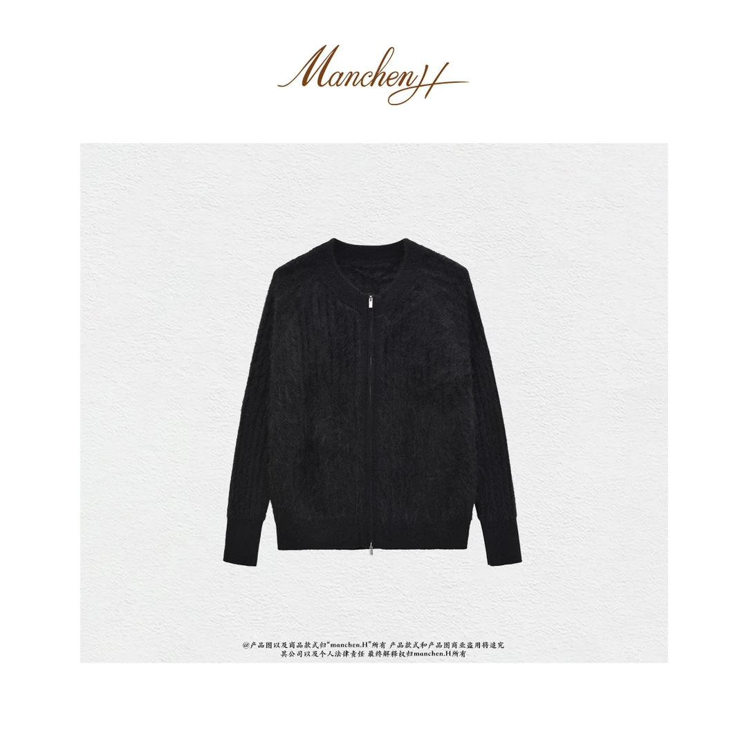 曼辰manchenh“黑色月光”A类康赛妮100羊绒坑纹拉绒针织 开衫