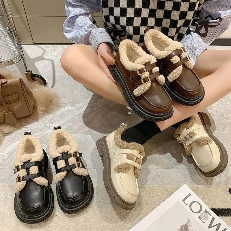 厚底加绒英伦风小皮鞋女秋冬新款百搭时尚圆头单鞋保暖毛毛乐福鞋