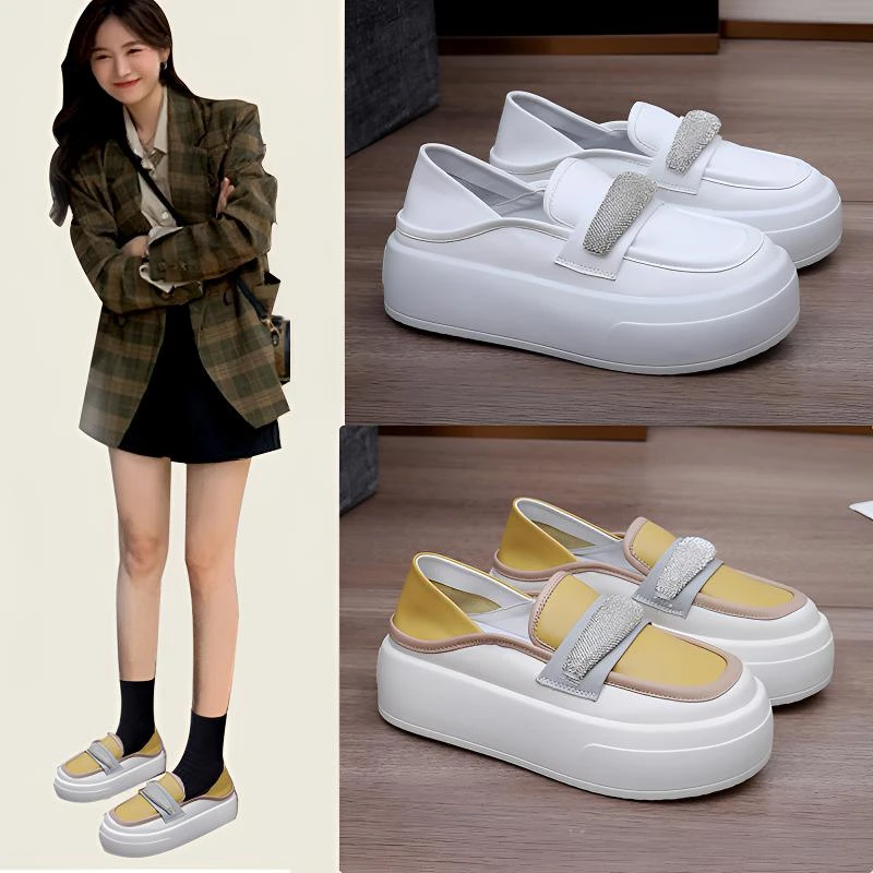 潮2023春季新款真皮女韩版厚底水钻小皮鞋时尚女单鞋百搭一鞋两穿