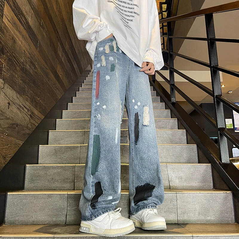 潮流街头复古涂鸦撞色直筒牛仔裤男宽松美式高街阔腿拖地长裤