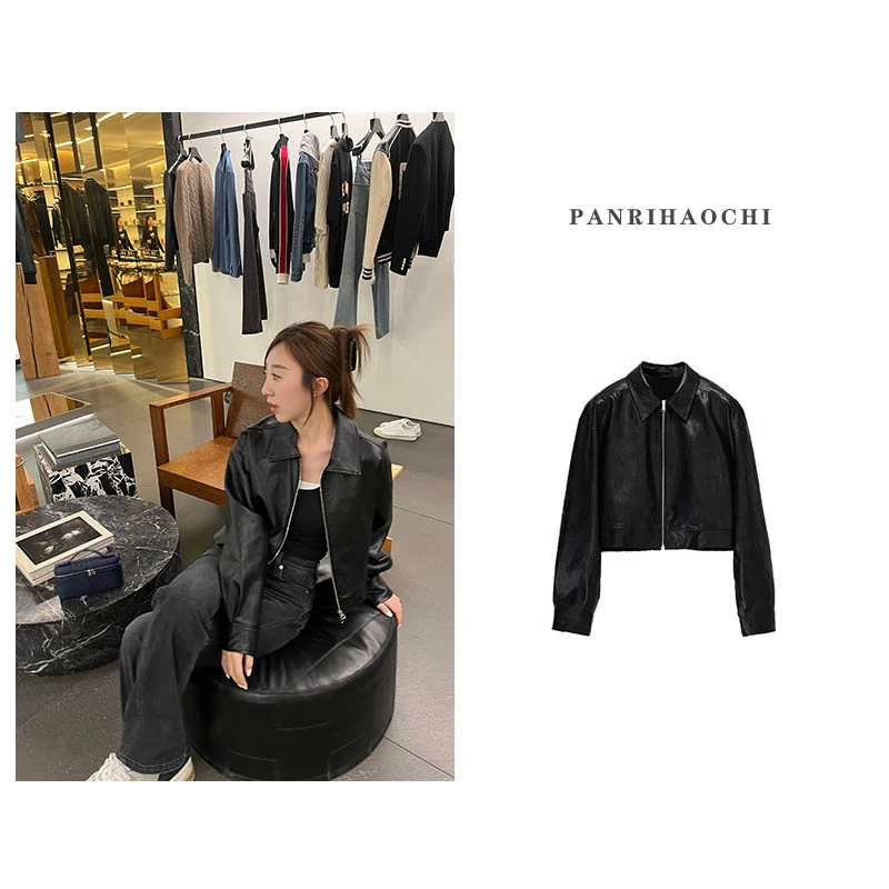 PANPAN “美式小羊皮”小众黑银配色宽松廓形翻领皮衣