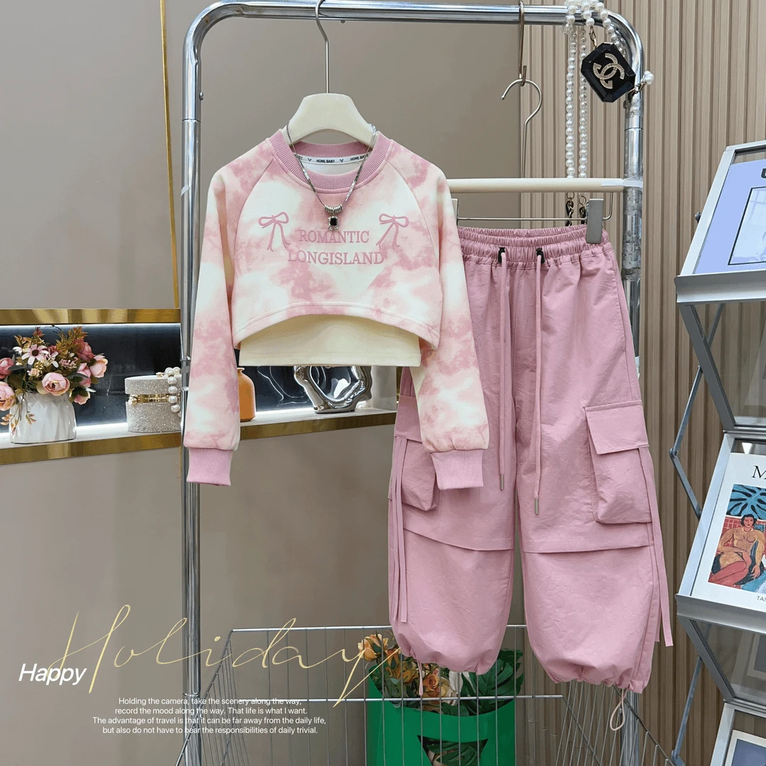 女童时髦套装春秋2024新款潮儿童时尚秋装中大童工装裤三件套洋气