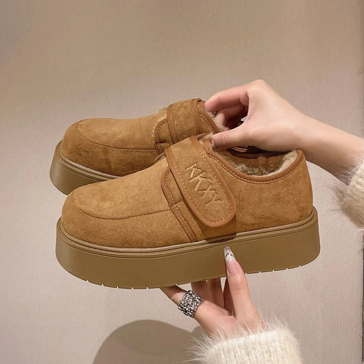 厚底勃肯鞋女秋冬季2024新款保暖毛毛面包棉鞋子魔术贴加绒豆豆鞋