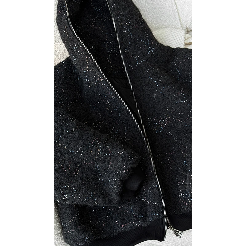 2024秋冬新款原创设计款连帽卫衣美式休闲拉链夹棉开衫外套