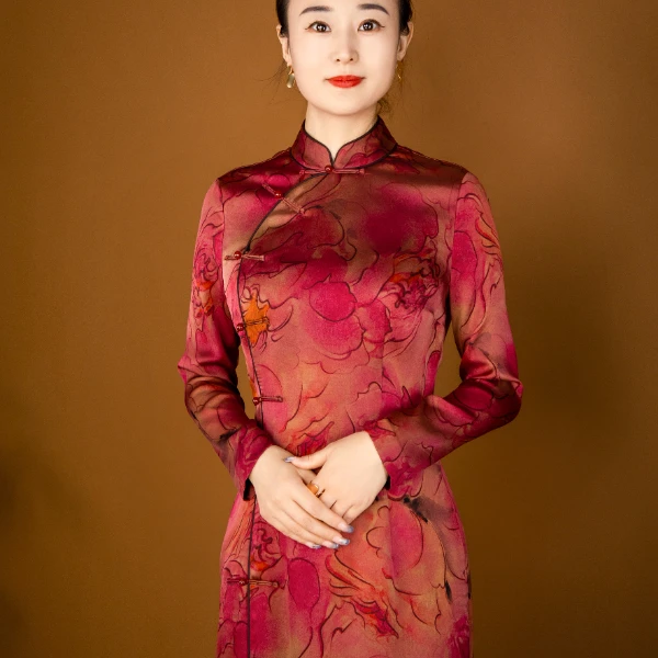 【香云故里】胭脂芍药重缎香云纱百分桑蚕丝中国风旗袍