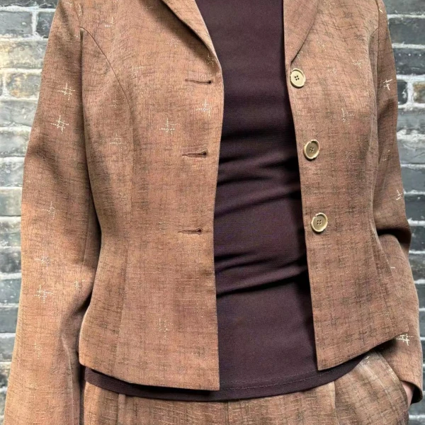 【香云故里】井字烫金缎香云纱咖面时尚休闲西装裤子套装