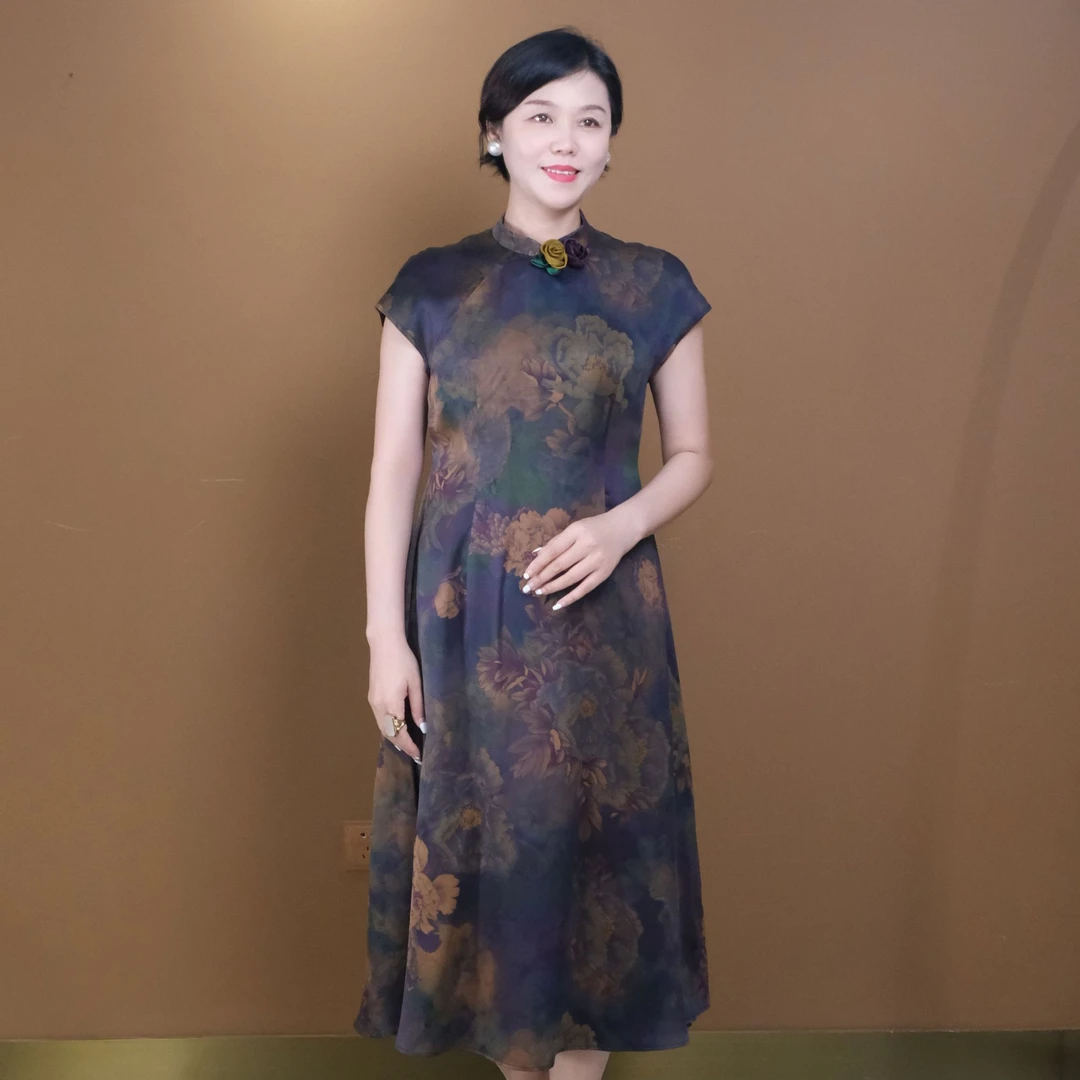 【香云故里】青紫牡丹素绉缎香云纱连衣裙XB24-I11076