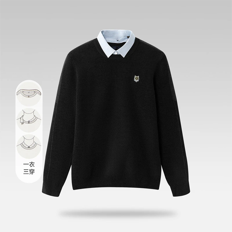 一衣三穿双领针织衫2024冬季新品可脱卸假两件毛衣男
