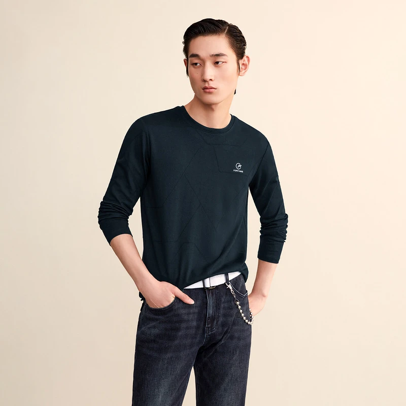 提花圆领长袖T恤2024秋季新品胸前刺绣小标净色长T男