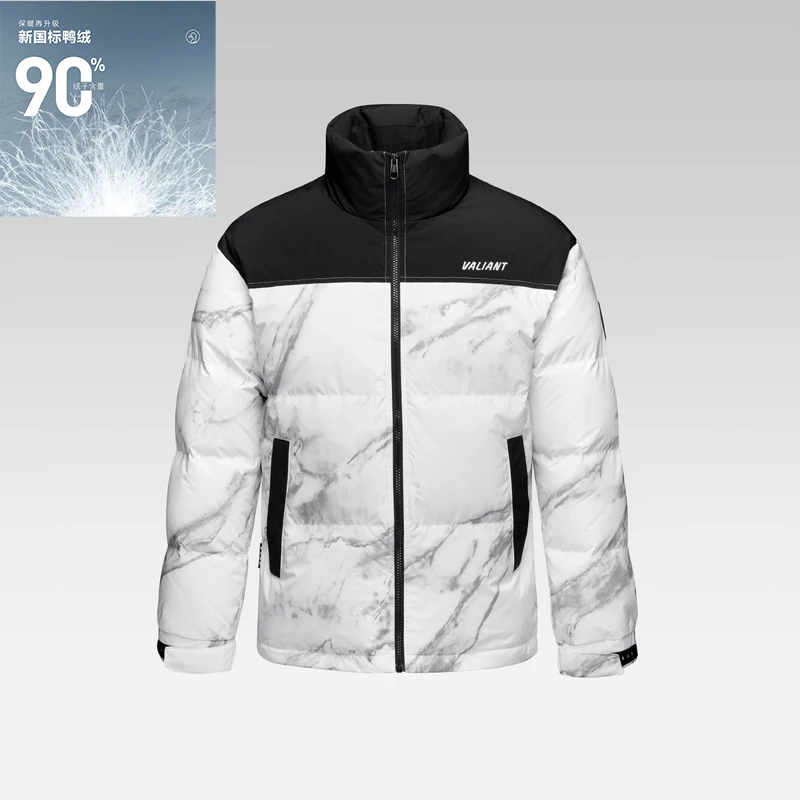 宽松立领羽绒服2024冬新款大理石花纹鸭绒保暖外套男时尚