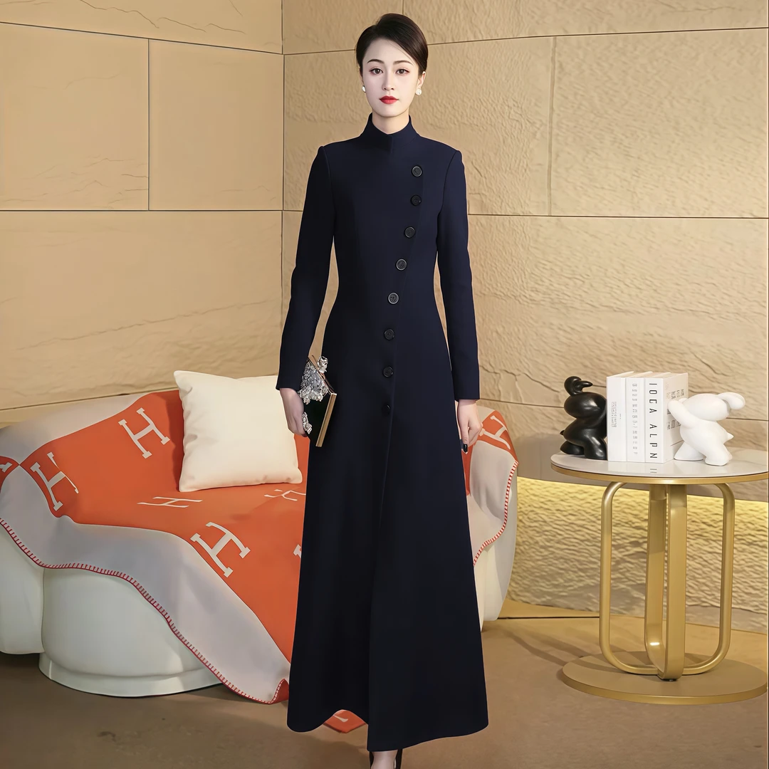 藏蓝色简约大气加厚连衣裙女2024新款气质时尚修身收腰大衣裙3040