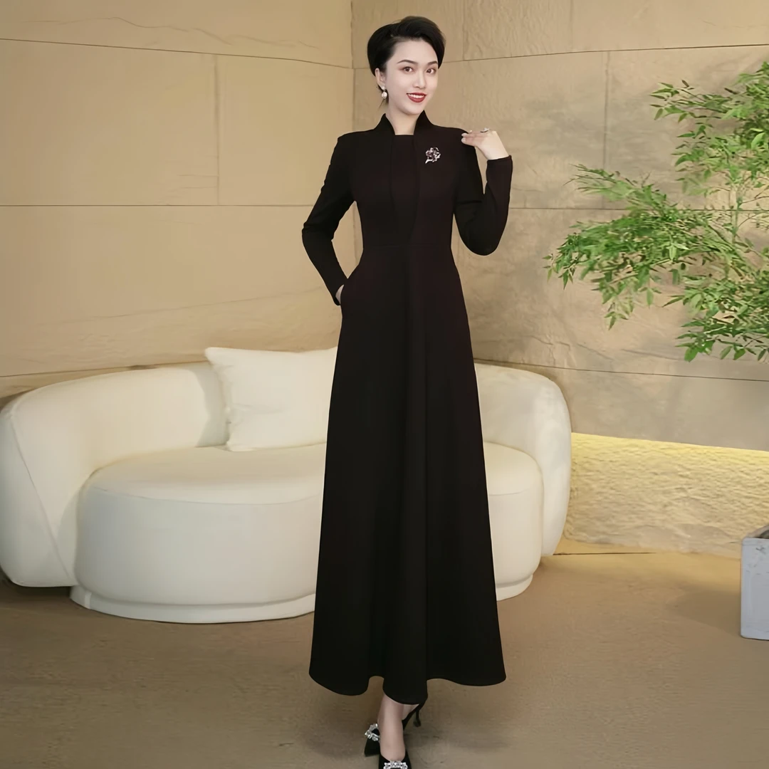 气质优雅秋冬加厚连衣裙女2024年新款显瘦气质收腰修身长裙3047