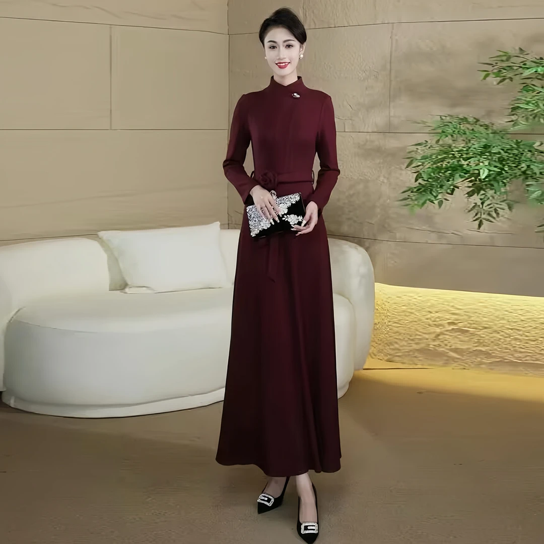 安可拉红轻奢气质连衣裙2025年秋冬新款修身显瘦加厚长款裙子3021