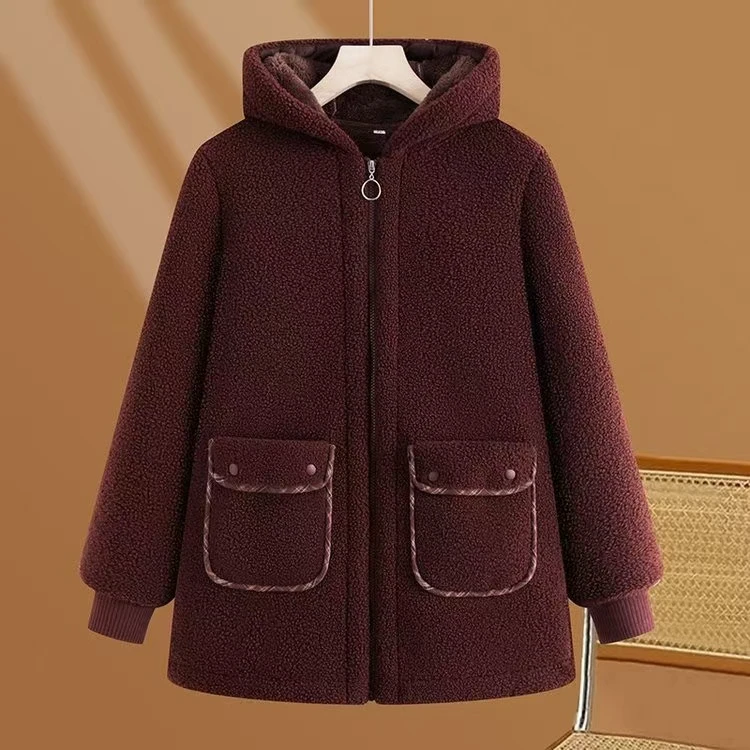 2024新款冬季加绒加厚棉衣中老年女装连帽颗粒绒防寒保暖外套