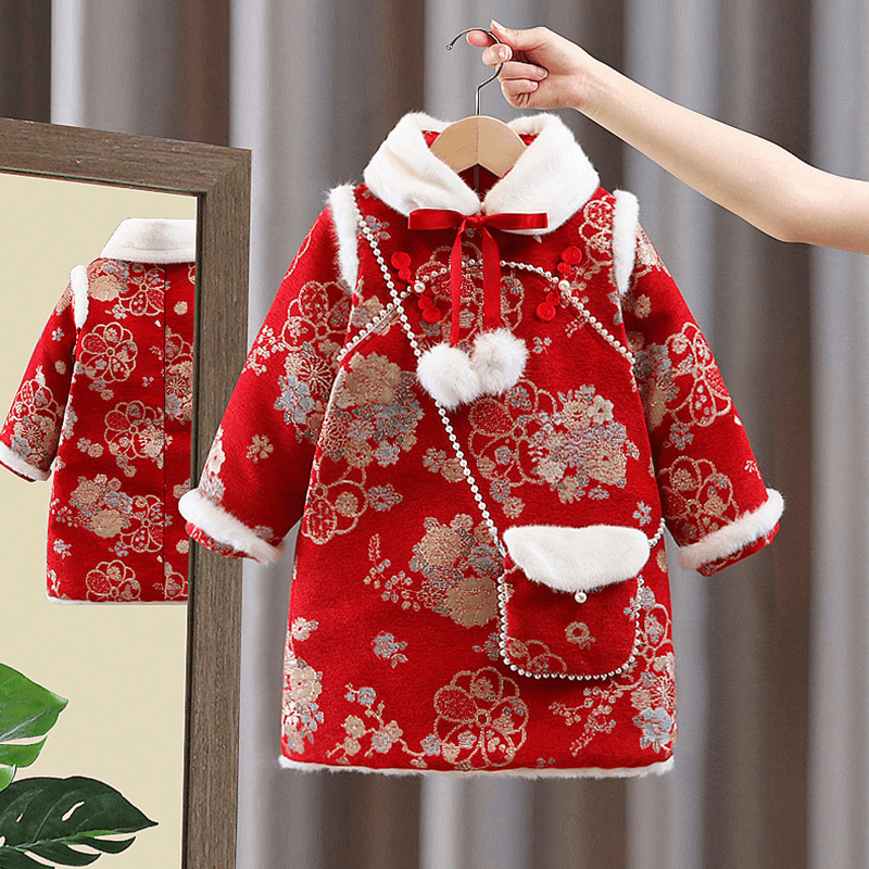 【花瞳】女童旗袍棉衣加厚夹棉拜年服新年服装儿童旗袍冬季连衣裙