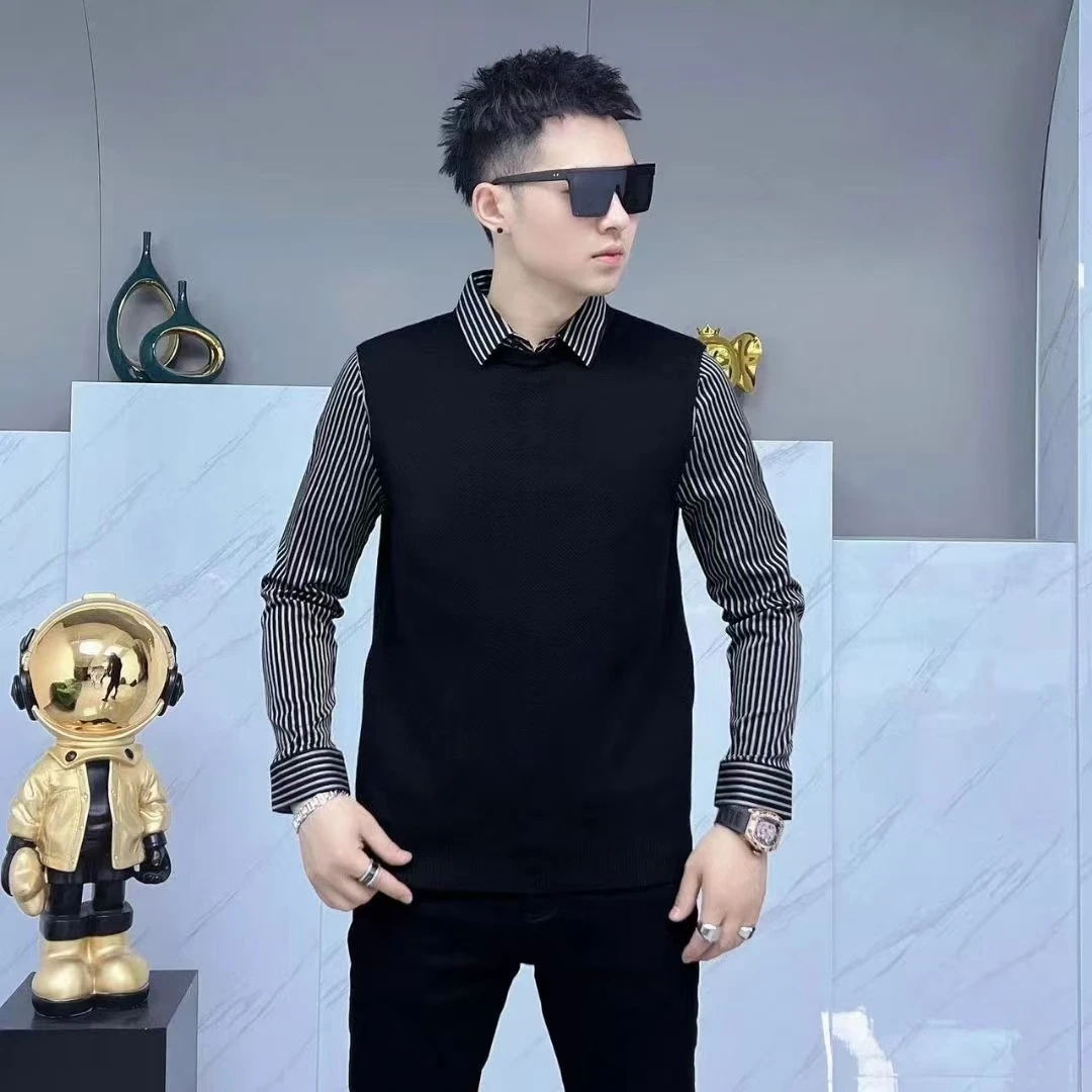 6991加绒加厚一体绒衬衫领男毛衣针织衫韩版时尚假两件打底衫