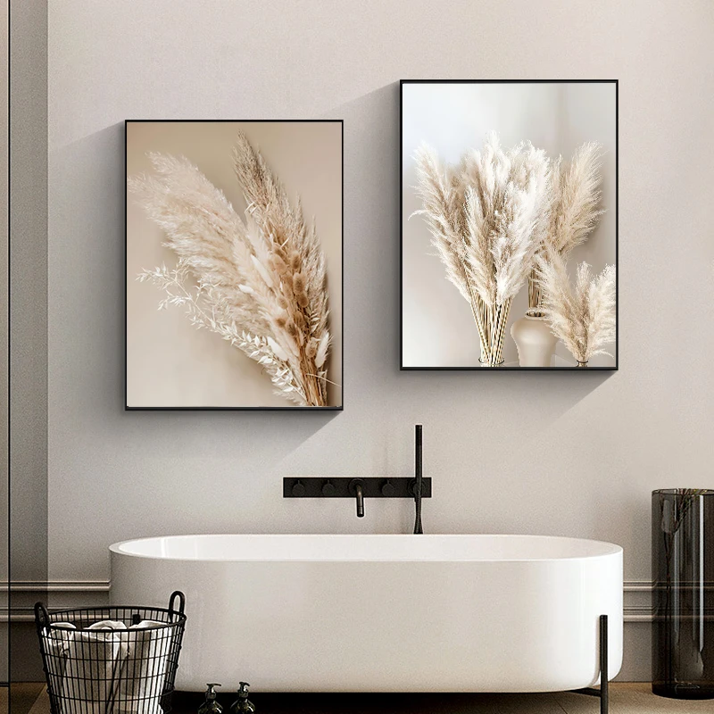 北欧风格餐厅装饰画客厅背景墙画卧室壁画芦苇蒲公英植物米色挂画