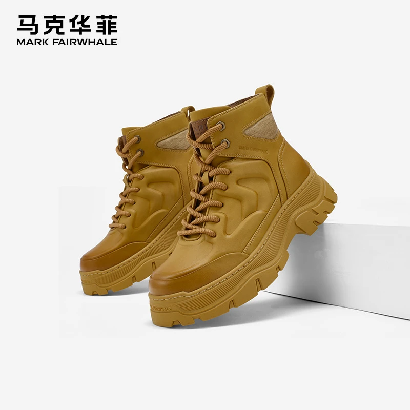 马克华菲户外马丁靴男士新款登山高帮男鞋厚底工装英伦大黄靴男款