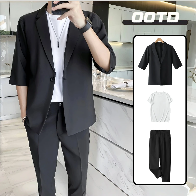 短袖西服套装男士小西装套装韩版休闲宽松西服百搭痞帅夏季薄款